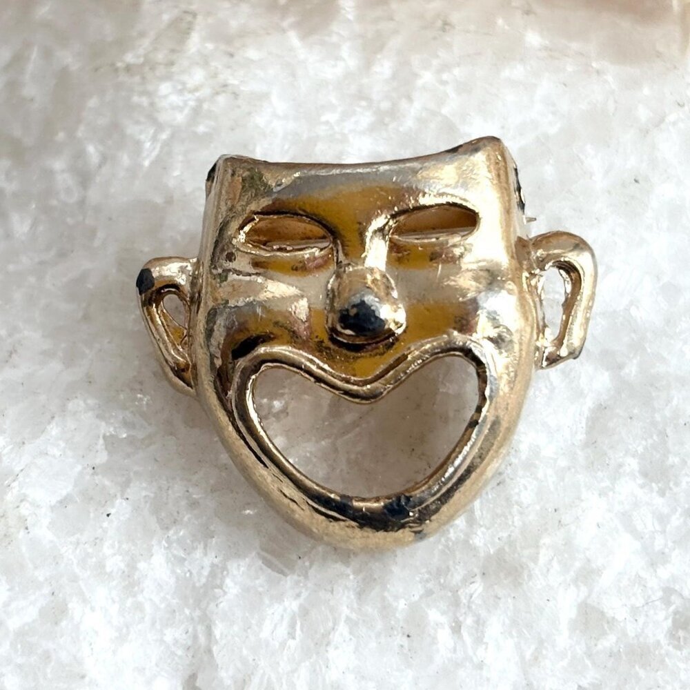 Happy Mask Gold Toned Vintage Costume Jewelry Brooch | Lapel Pin